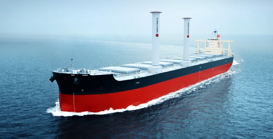 Computer rendering of MOL bulk carrier with Norsepower Rotor Sails
